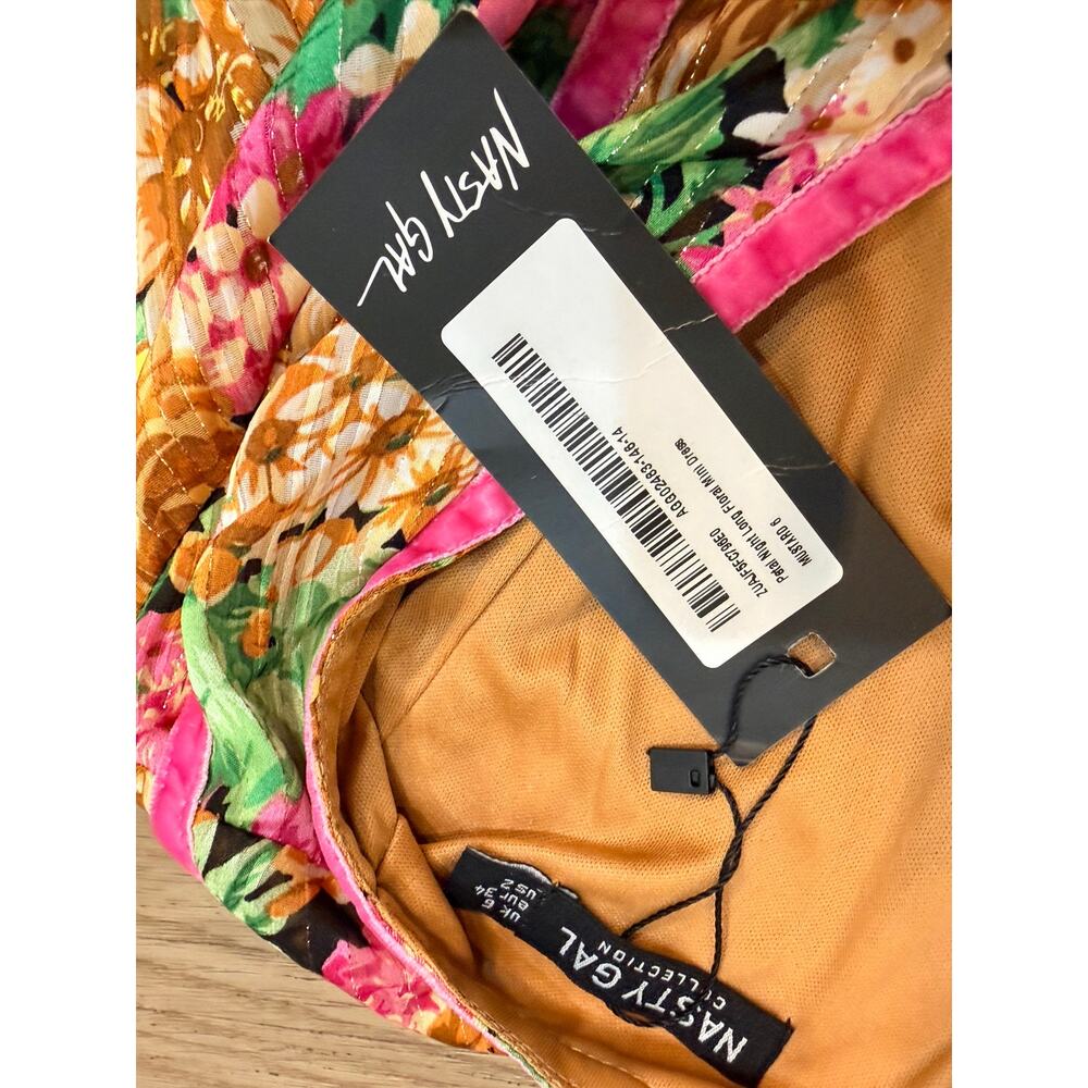 NWT Nasty Gal Floral Bell Sleeve Mini Dress Mustard Pink Velvet Trim Boho Size 2 - Picture 4 of 8